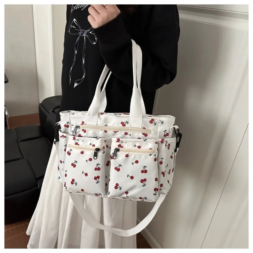 Casual Large Capacity Tote Bag Multi-Pocket Adjustable Strap Crossbody Bag Cherry Print Waterproof Shopping Bag