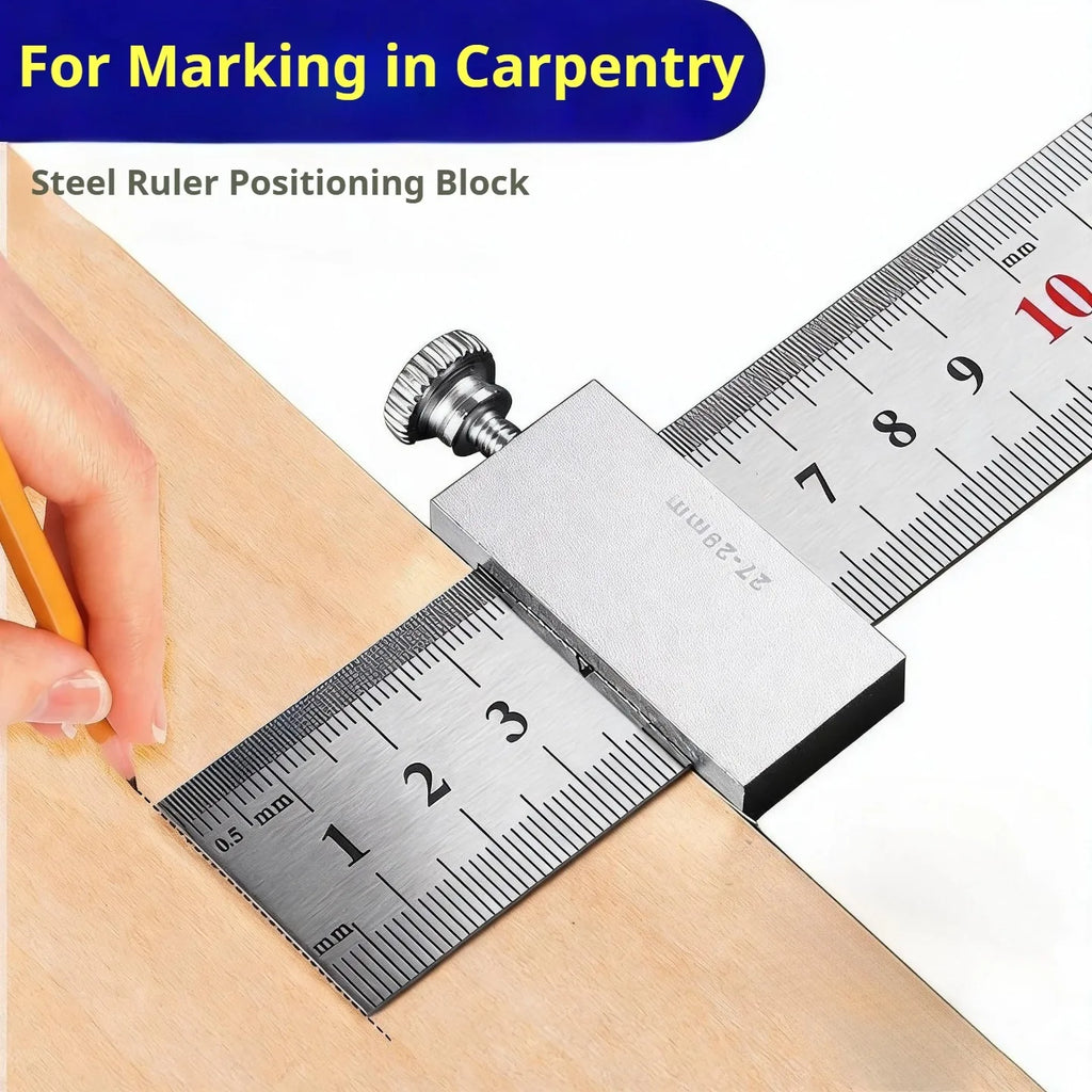 New Portable Carpentry Steel Ruler | Positioning Limit Block + Marking Gauge for Accurate Woodworking Tool Alignment
