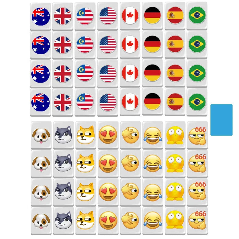 64 Pcs Food and Ball Flag Pattern Mahjong with Animals Mahjong Board Game Single and Double Play Kids Learning Educational Toys