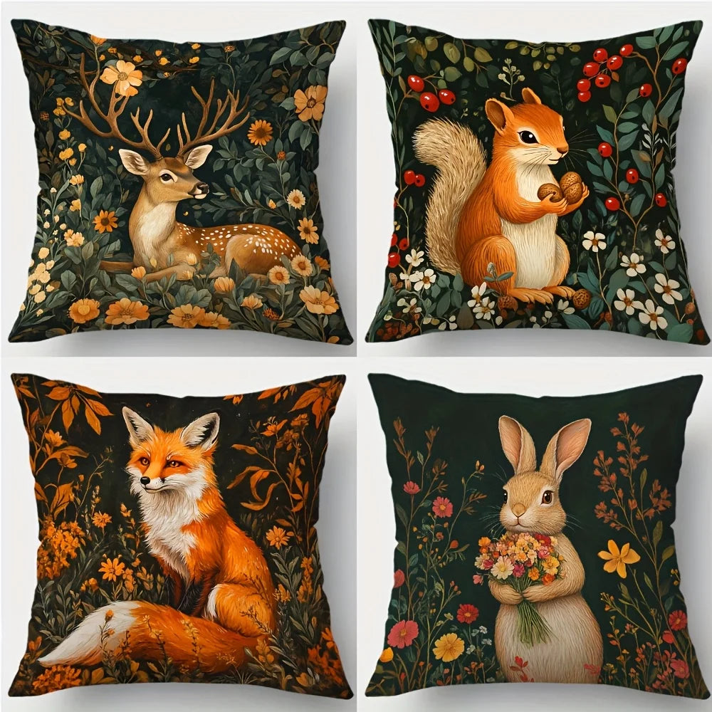 4-Piece Printed Animal Pillowcase Set – Vintage Nature Style with Deer, Squirrels, Foxes, Rabbits, Flora & Berries