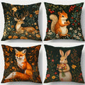 4-Piece Printed Animal Pillowcase Set – Vintage Nature Style with Deer, Squirrels, Foxes, Rabbits, Flora & Berries