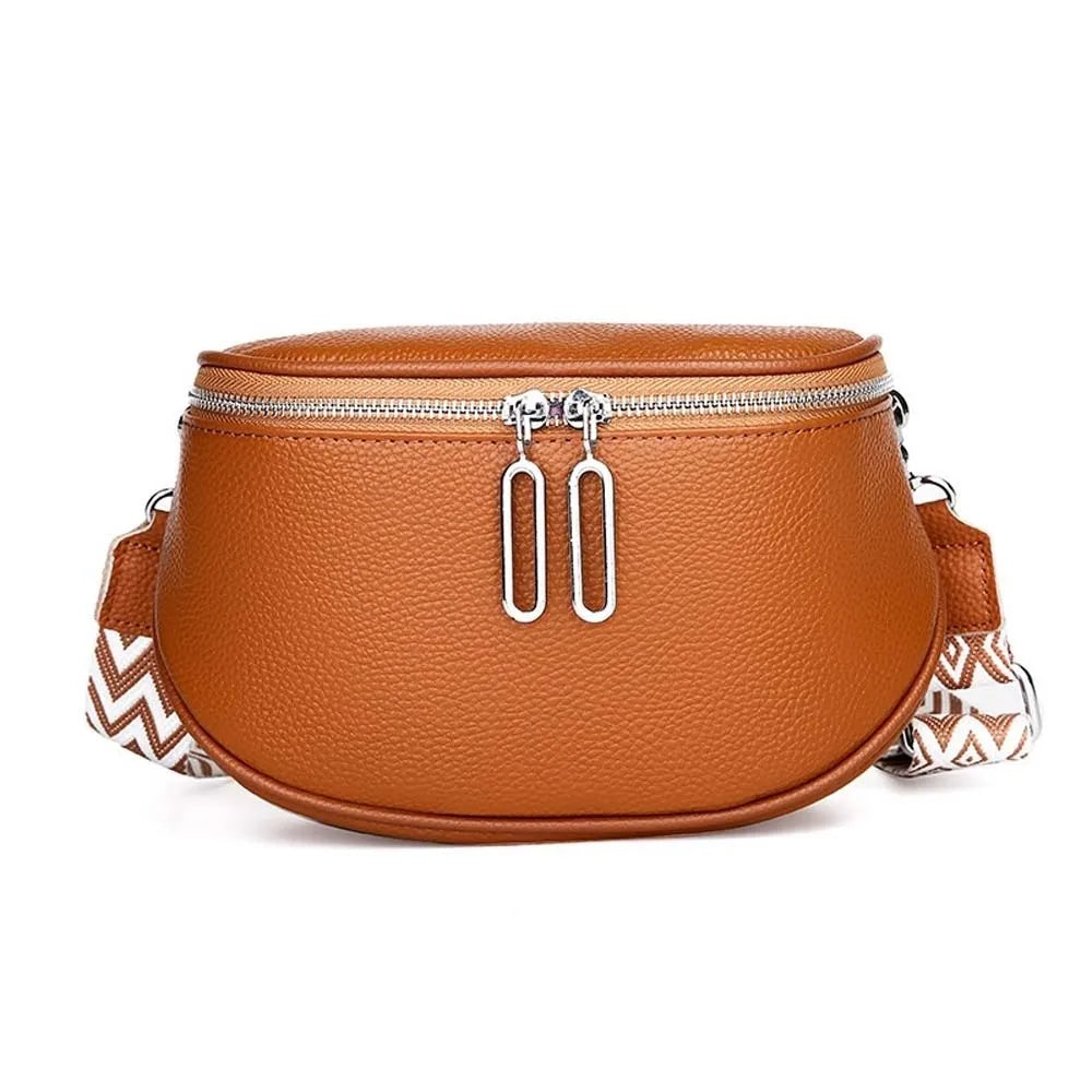 Bum Bag Leather Crossbody Bag Cowhide Texture Double Zippers Saddle Bag Jacquard Strap Solid Color Chest Pack Outdoor Travel