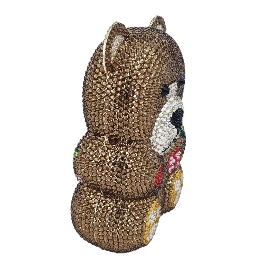 Boutique De FGG Brown Crystal Teddy Bear Evening Clutch Bags for Women Wedding Party Mini Minaudiere Purses and Handbags