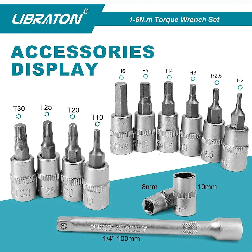 LIBRATON Bike Torque Wrench 1/4'', 1-6Nm, 0.05 Nm Micro, Torque Wrench Drive Click Torque Wrench Set Bicycle Maintenance Kit