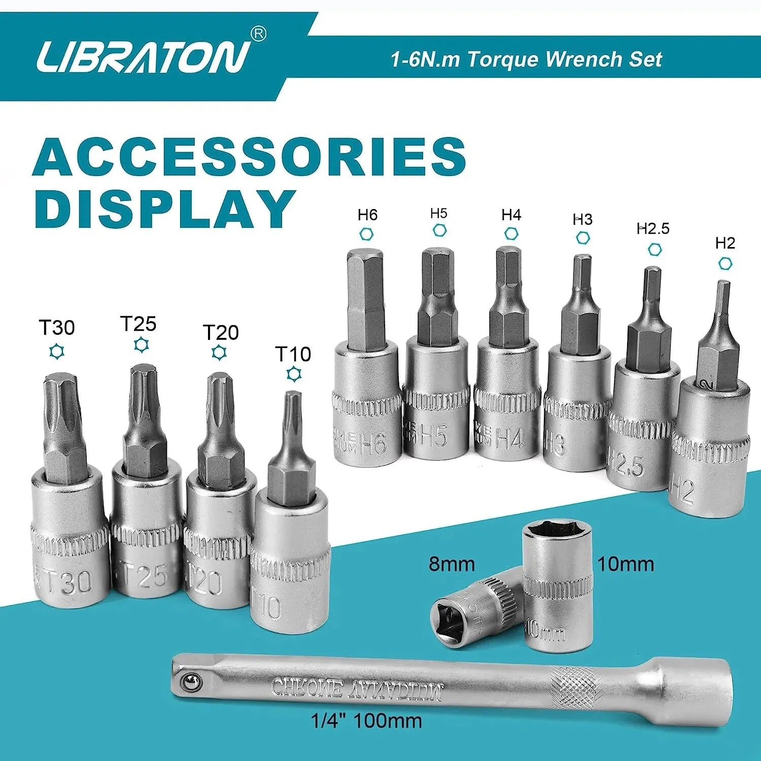 LIBRATON Bike Torque Wrench 1/4'', 1-6Nm, 0.05 Nm Micro, Torque Wrench Drive Click Torque Wrench Set Bicycle Maintenance Kit