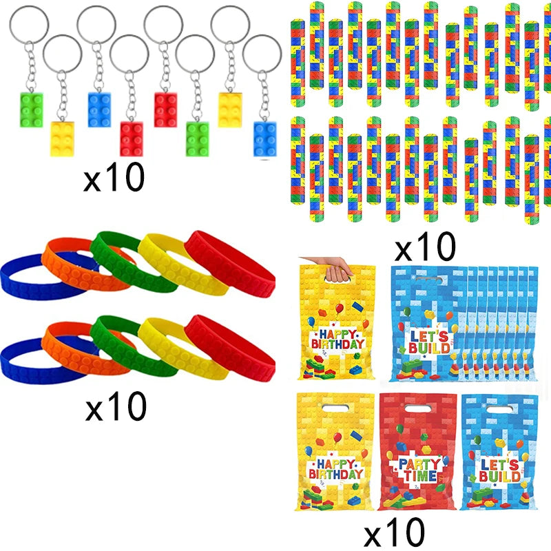 40Pcs Building Blocks Party Favors Building Blocks Keychain Slap Bracelets and Gift Bags for Kids Birthday Party Supplies