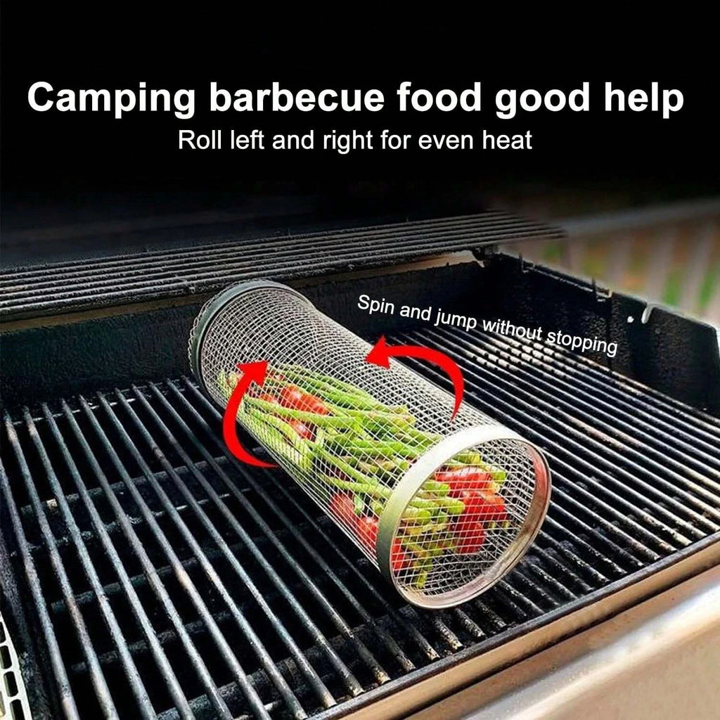 BBQ Grill Basket Stainless Steel Rolling Grilling Basket Barbecue Cages Barbecue Grill Grate Cylinder Grilling Basket Outdoor