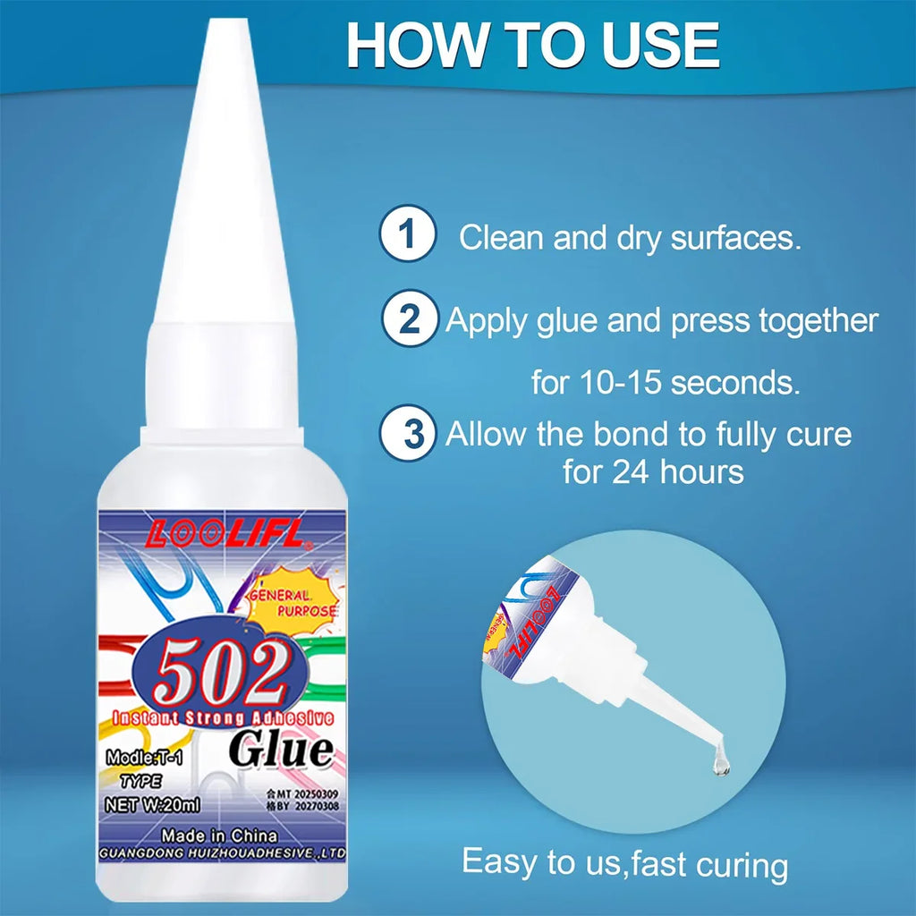 Loolifl, 502 Super Glue, Instant Adhesive, Cyanoacrylic Acid, Strong Repair for Plastics, Wood, and Furniture (with Glue Opener)