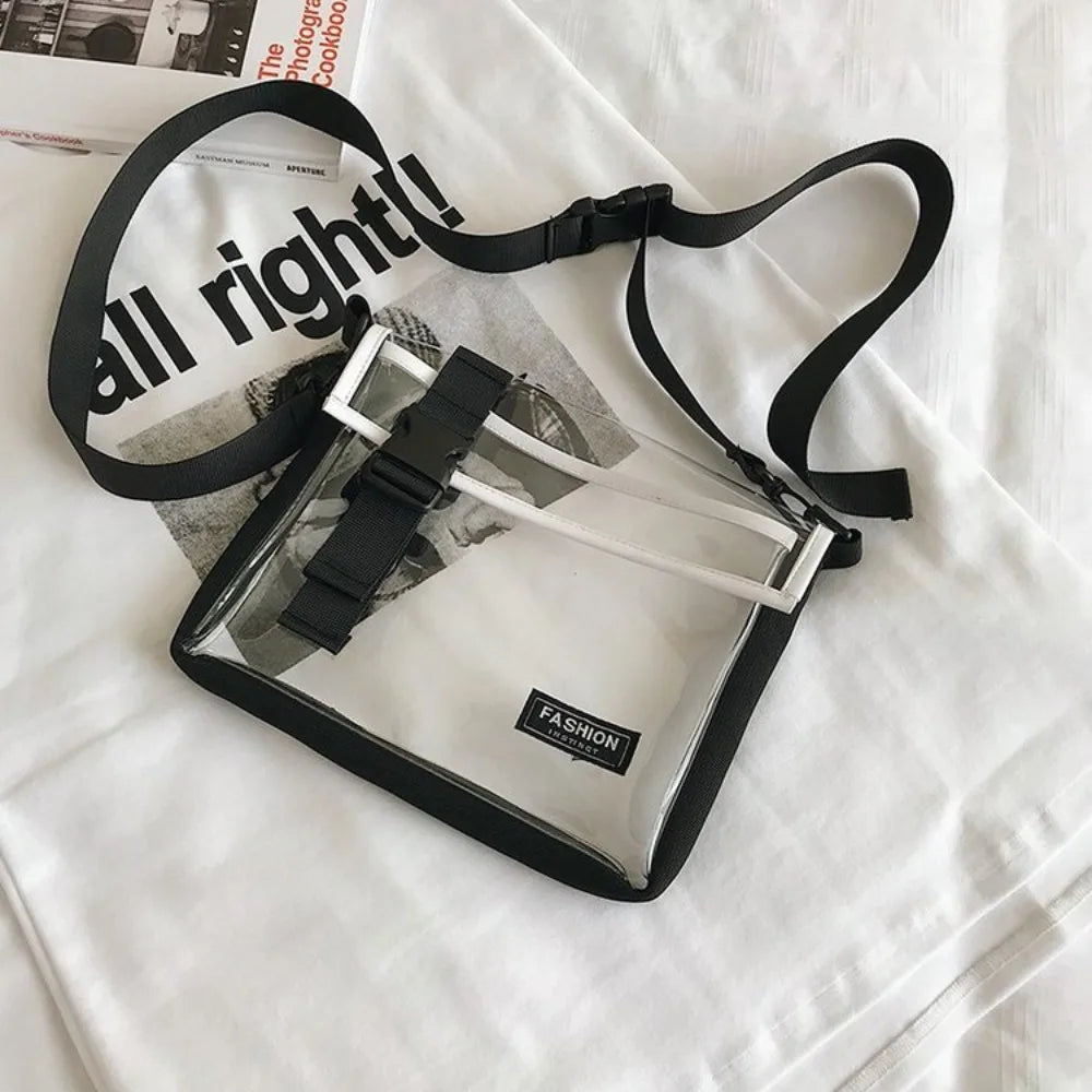 Square PVC Messenger Bag Large Capacity Button Transparent Crossbody Bag with Removable Strap Waterproof Casual Shoulder Bag