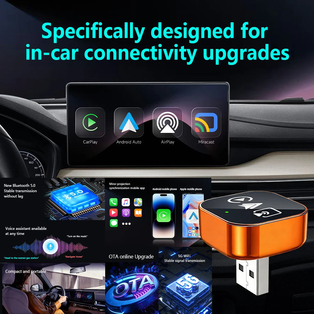 PLAYAIBOX Upgrade 4 In1 Wired to Wireless CarPlay Android Auto AirPlay Mirror Link Stable Bluetooth Adapter For Audi Benz Toyota