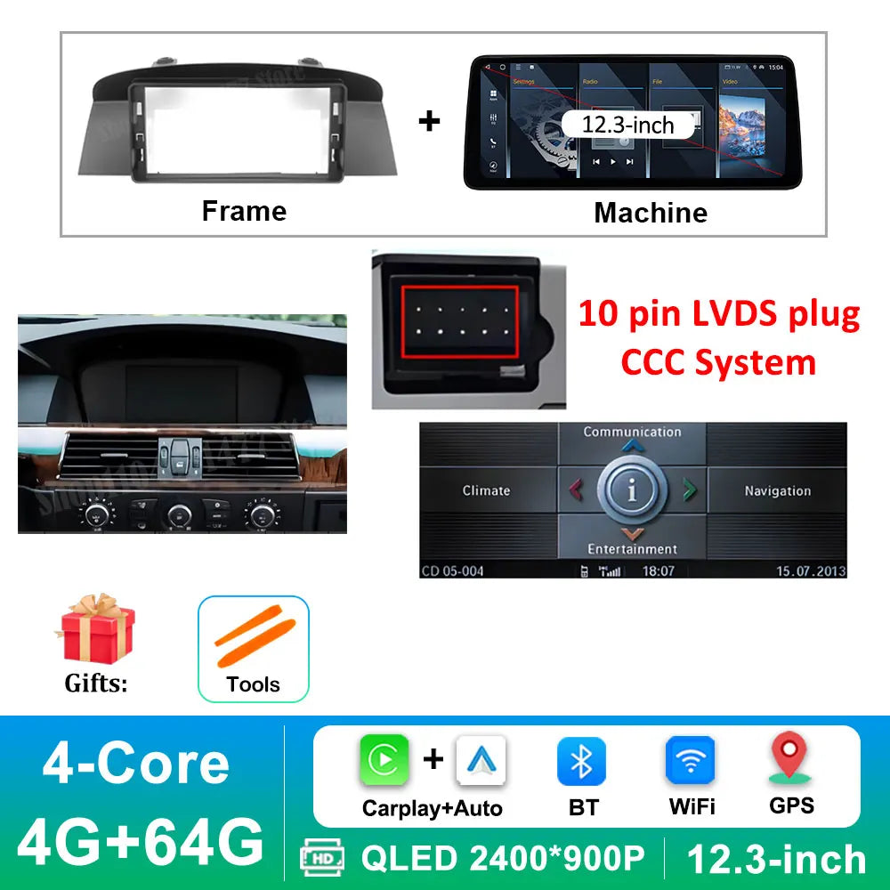 12.3 '' Ultra-thin Screen Android 16 BT for BMW 5 Series E60 E61 E62 2004 - 2012 CIC CCC System GPS Car Video Multimedia Player