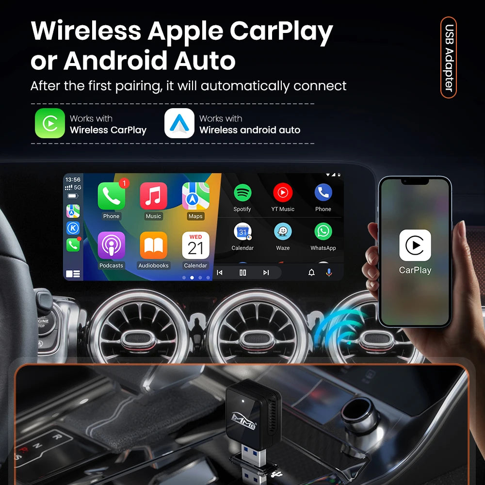 MMB Mini Ultra Wired to Wireless CarPlay Adapter Android Auto Dongle 2in1 Plug&Play for VW Haval Audi Kia Porsche Lexus 98% Cars