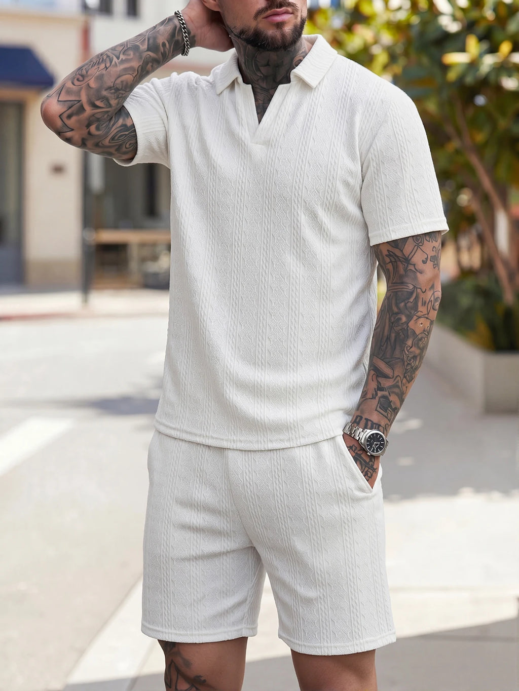 Lightly Mature Style Vertical Stripe Texture Casual Simple Breathable Men's Short-Sleeve Short Pants Two-Piece Set