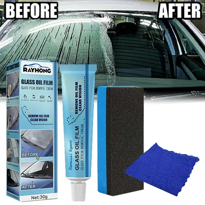 Car Glass Film Removal Cream Strong Decontamination Windshield Stain Remover with Sponge Mirror Cleaner for Auto Maintenance