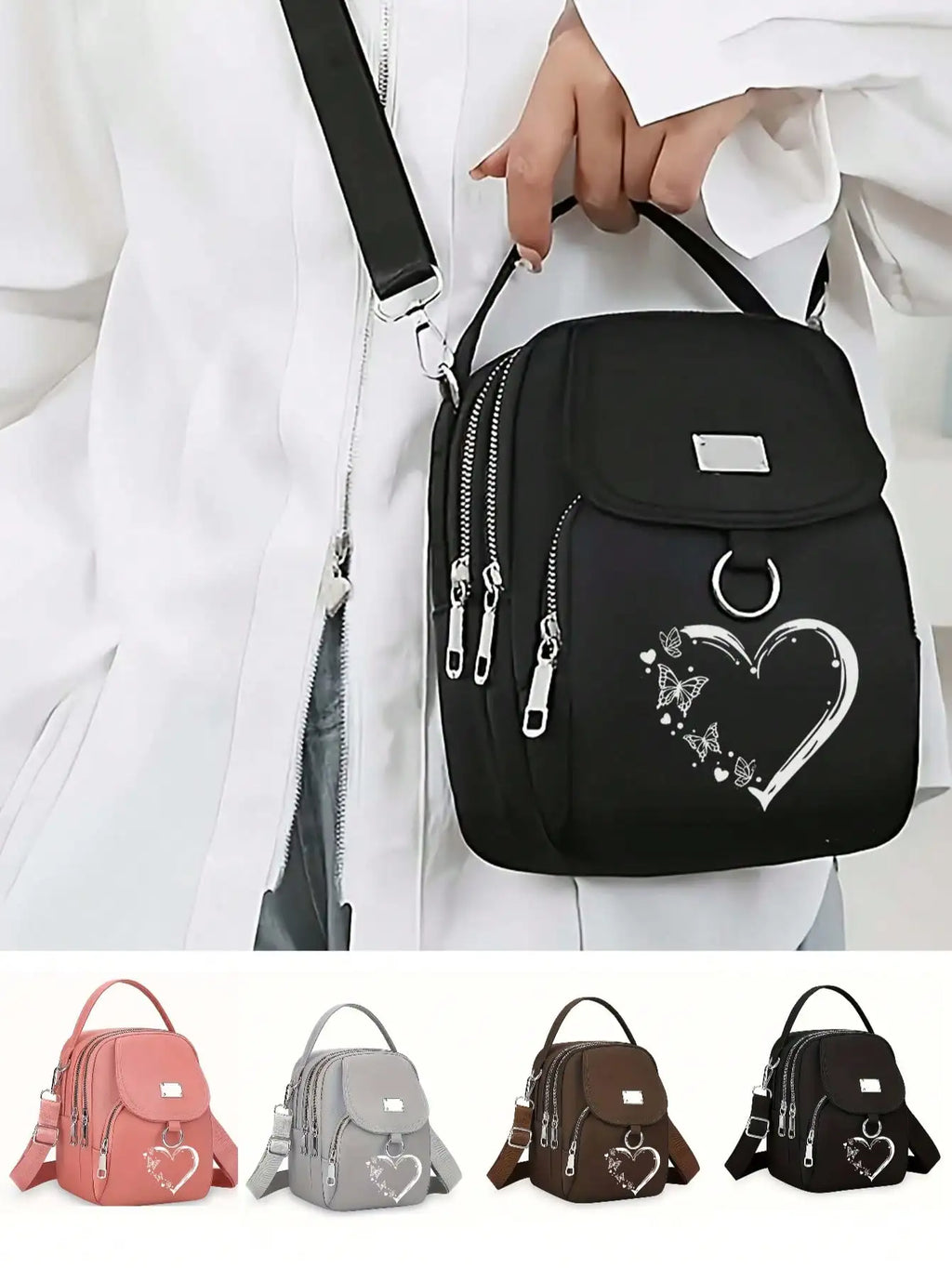 1pc Women's Nylon Shoulder Bag Heart Butterfly Pattern Casual Mini Crossbody Bag Adjustable Multi-Layer Solid Color Hand Bag