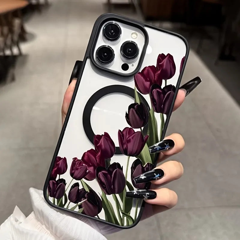 Dark Purple Tulip Magnetic Phone Case For iPhone 18 17 16 15 14 12 11 Pro XS Max XR Air X 16e 17e Clear Magsafe Cover