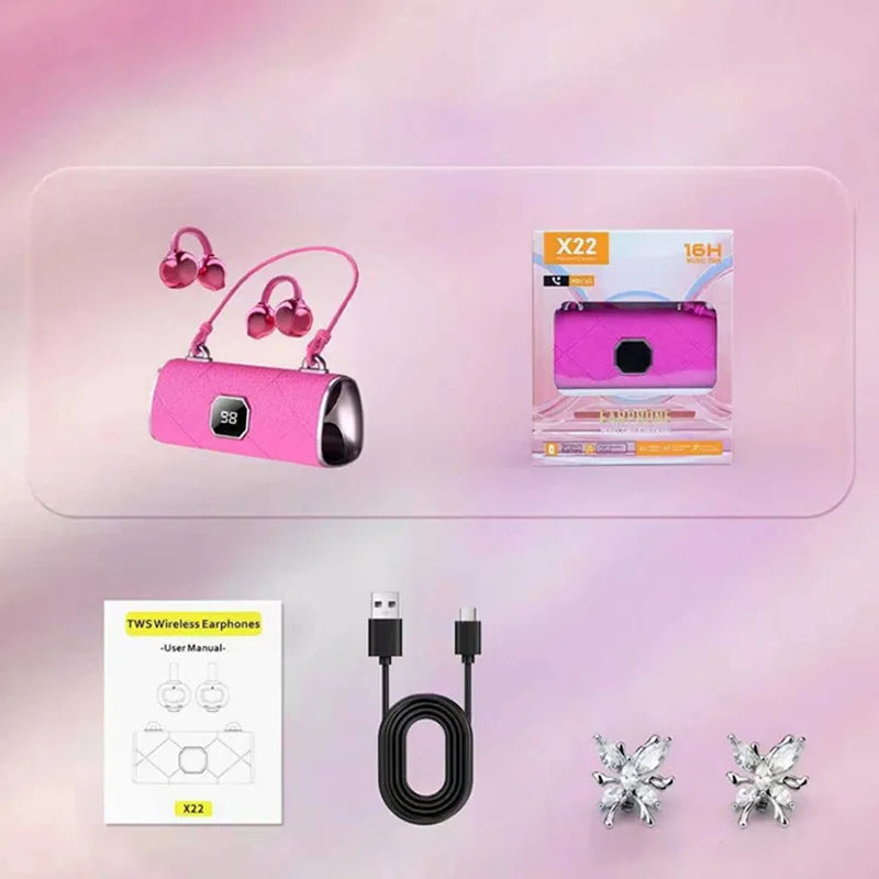 X22 Clip-On Wireless Bluetooth Headphones with Diamond Butterfly Ear Clips Noise-Canceling Headphones Type-C Charging For Gift