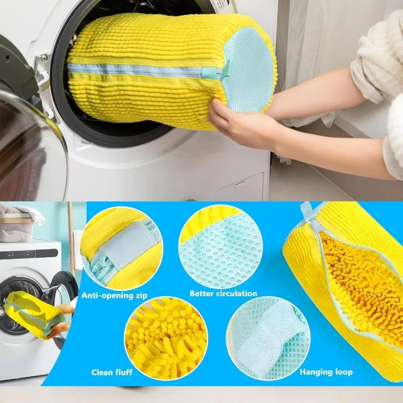 Shoe Washing Machine Bag Fluffy Fiber 360 Surround Cleaning Reusable Durable Laundry Bag With Zipper Closure 1Pc For Sneakers