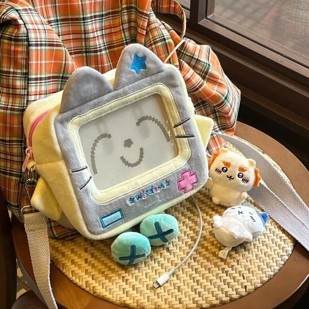 JIAERDI Plush Square Smiling Cat Shoulder Bag Women Transparent Cartoon Crossbody Bag Female Harajuku Cute Ita Bag Bolsas Mujer
