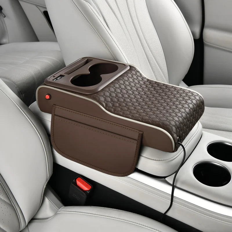 Multifunctional PU Leather Car Cup Holder Armrest Pad with Storage Pockets Soft Comfortable for Phone Charging and Support