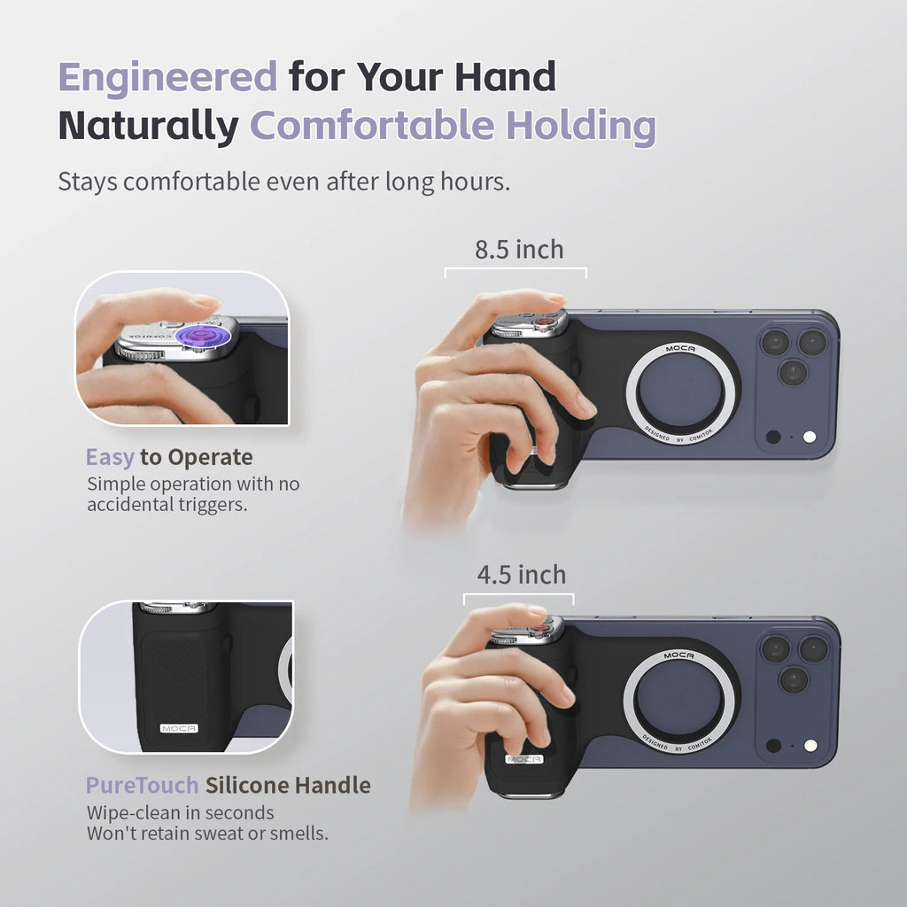 COMITOK Magnetic Phone Grip with Remote Control Portable Shooting Handle for iPhone Vlog Videos, Easy One-Hand Operation