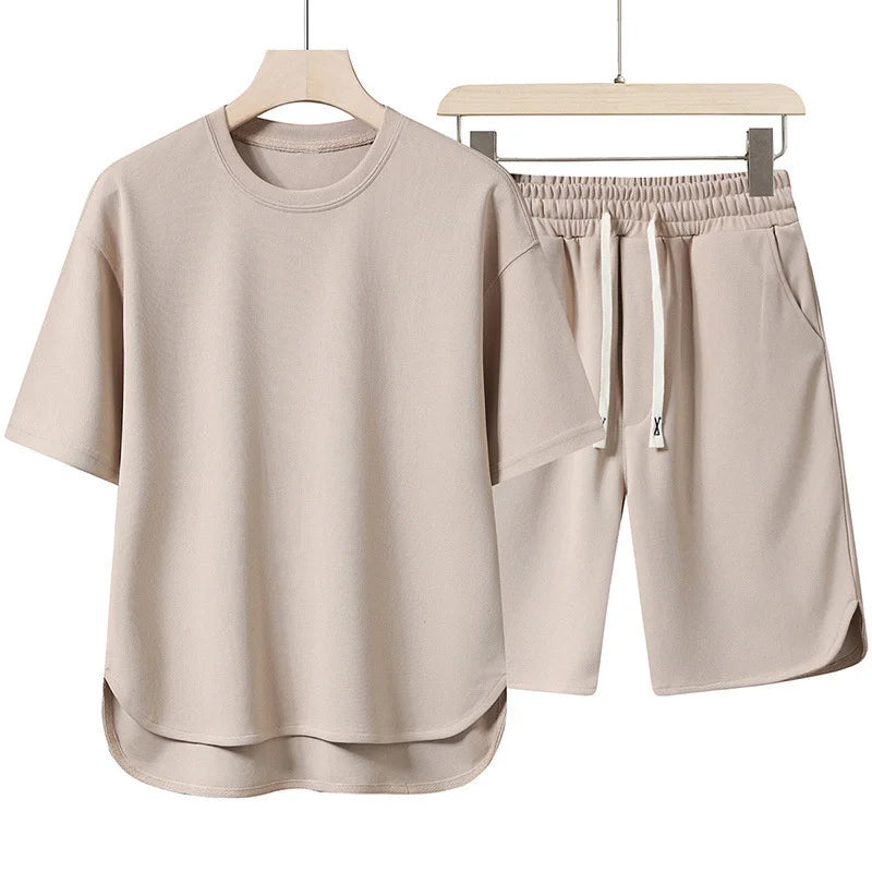 2026 Summer New Men Suit Round Neck Short Sleeve T-shirt+shorts Two Piece Set Loose Outdoor Sports Casual Solid Color Tracksuit