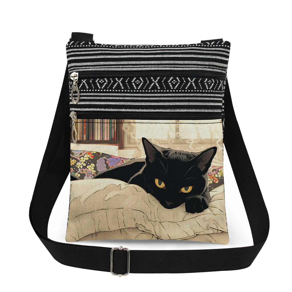 Cute Cartoon Black Cat Print Crossbody Bags Shoulder Bags For Women Daily Travel Portable Small Messenger Bags Catkeeper Gift