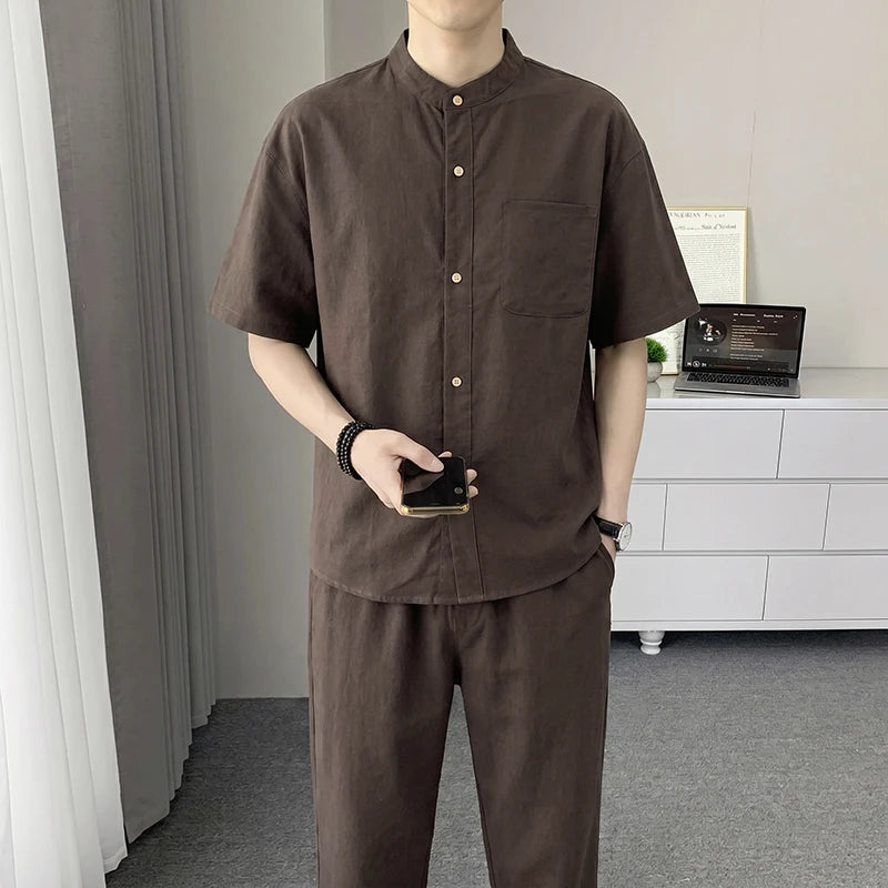 Men's Cotton Linen Blend 2-Piece Set, Stand Collar Short Sleeve Shirt & Pants, Breathable Casual Summer Outfit for Daily Wear