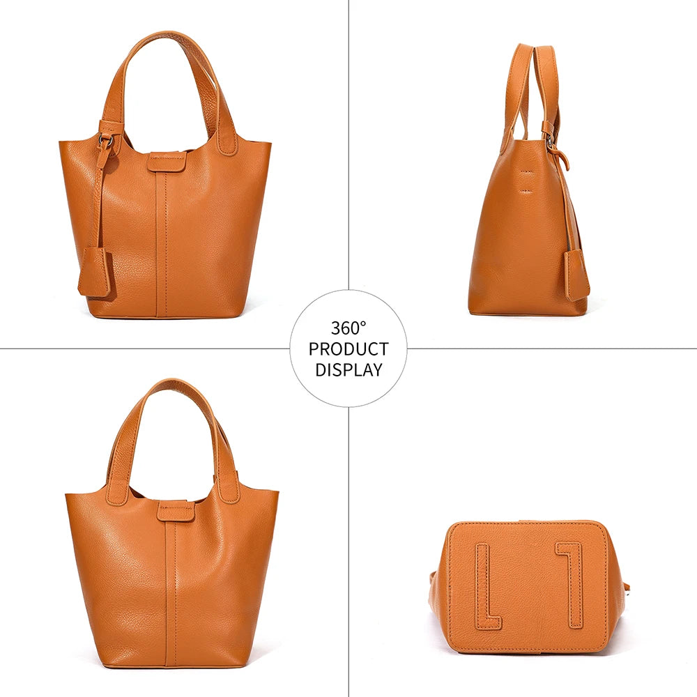 Ladies Full Grain Top Layer Cow Leather 2pcs Bag Set Small Tote Bucket Handbag Detachable Strap Crossbody Bag with Matching Clut