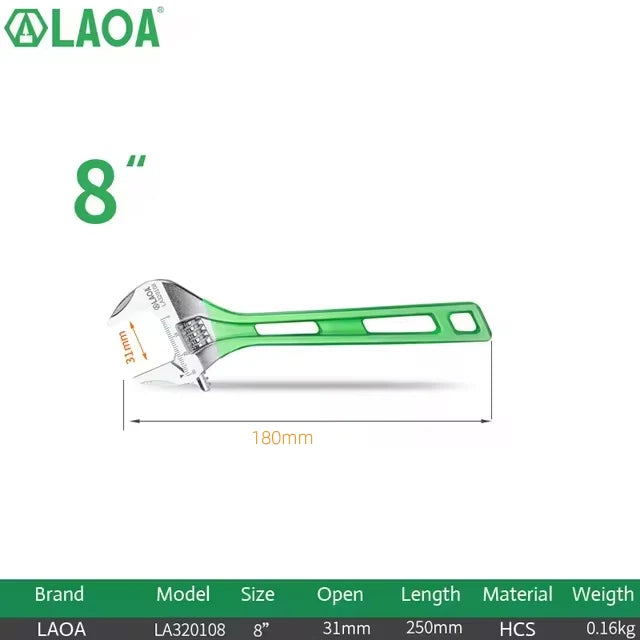 LAOA Short Handle Wrench Adjustable Light Weight Large Open Spanner 6" 8" 10" 12" Repair Tool