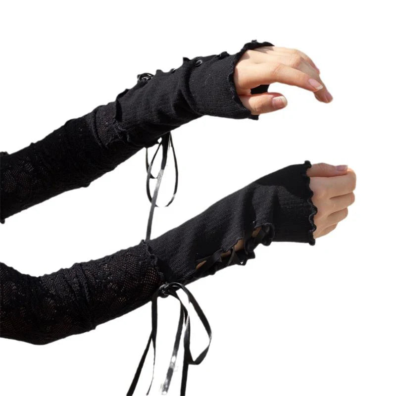 Women Strapping Lace Fingerless Hot Sexy Arm Sleeves DIY Lace-up Sunscreen Gloves Elastic Mesh Punk Gloves Mountaineering Gloves
