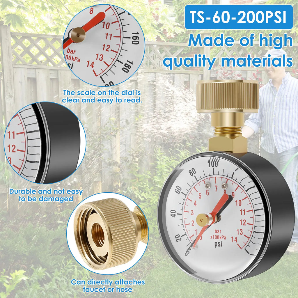 Universal Water Pressure Test Gauge TS-60 - 200 PSI for Water Pump Hose Faucet Garden Hose - Precise PSI Gauge