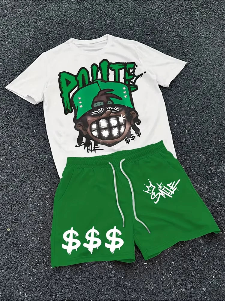 Summer Fashion American Hip-hop Style Men's O-neck Top And Casual Shorts, 3D Print Street Fashion Trend Men's 2pcs Set