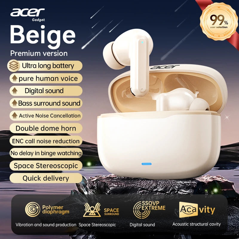Acer In-Ear Wireless Bluetooth Headphones with Anc Active Noise Reduction, Hd Calls, Dolby Surround Sound, Large Battery, Long Battery Life, No Delay for Music and Games, Suitable for Sports, Running, and Fitness Use