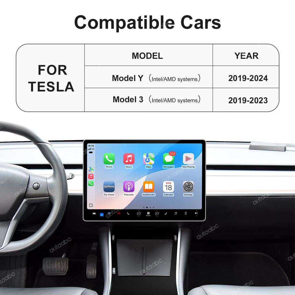 AUTOABC Wireless CarPlay Android Auto for Tesla Model 3 Model Y 2019-2024 Support for Aftermarket Cameras