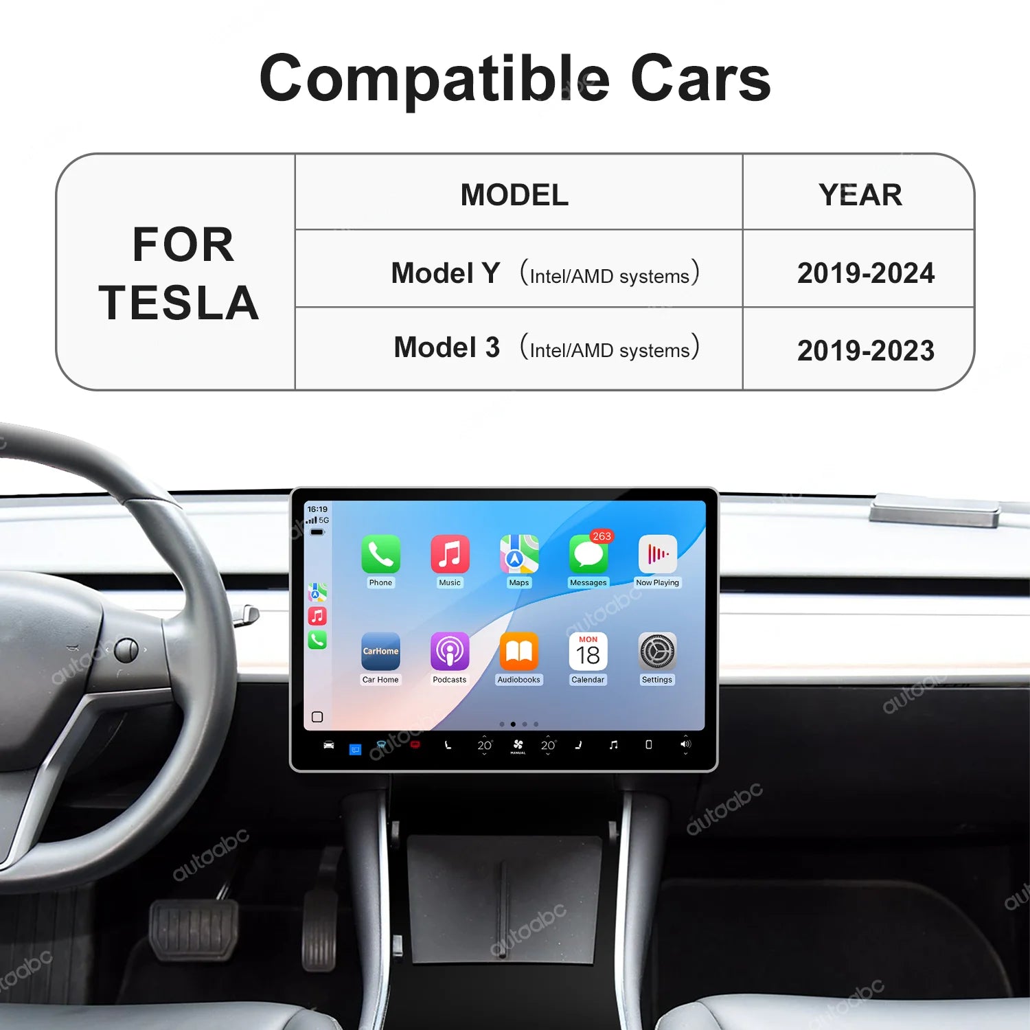 AUTOABC Wireless CarPlay Android Auto for Tesla Model 3 Model Y 2019-2024 Support for Aftermarket Cameras