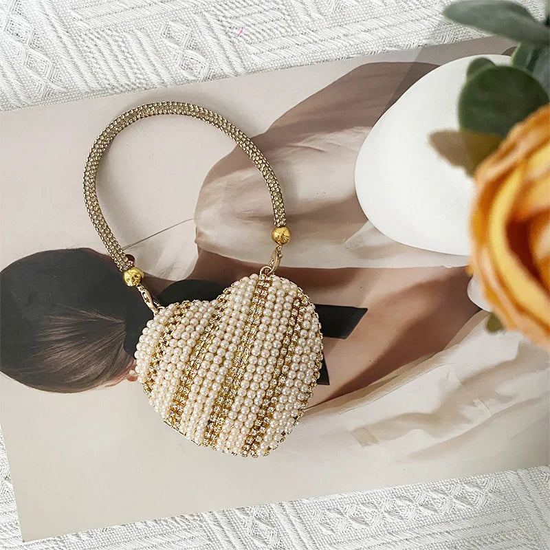 Heart Shaped Diamond Encrusted Glass Stone Evening Bag Women's Chain Handbag Stylish Crossbody Bag Elegant  Shape
