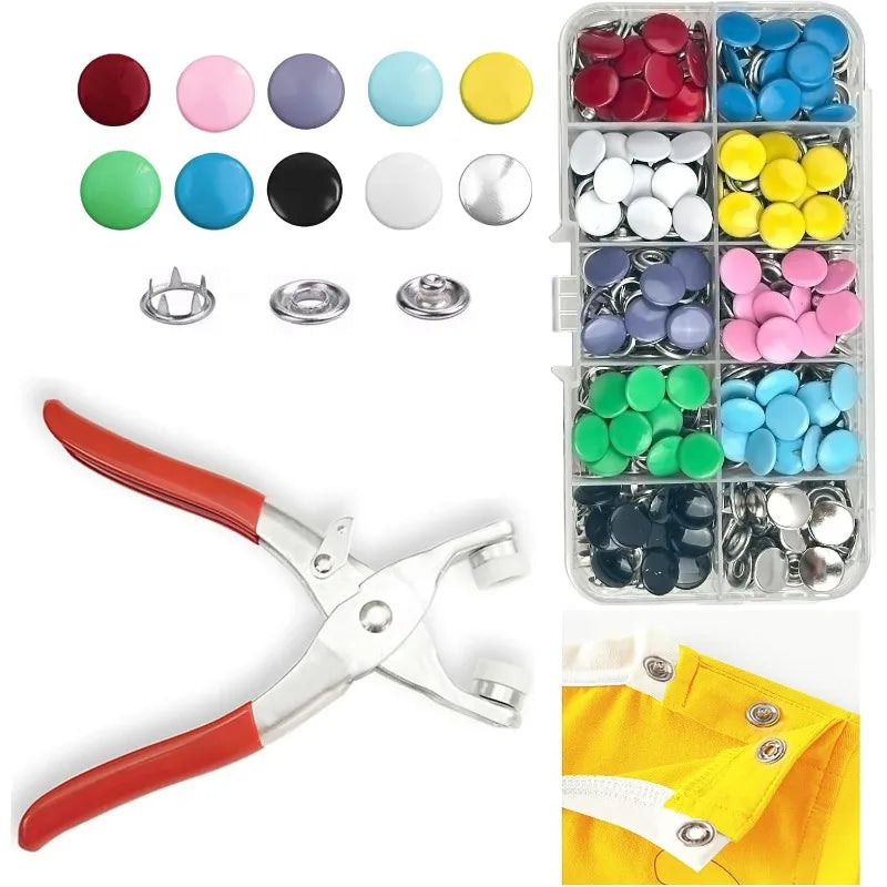 100Pcs Colorful Metal Sewing Buttons Solid Plier Tool Set Prong Press Studs Snap Fasteners for Installing Clothes Bags