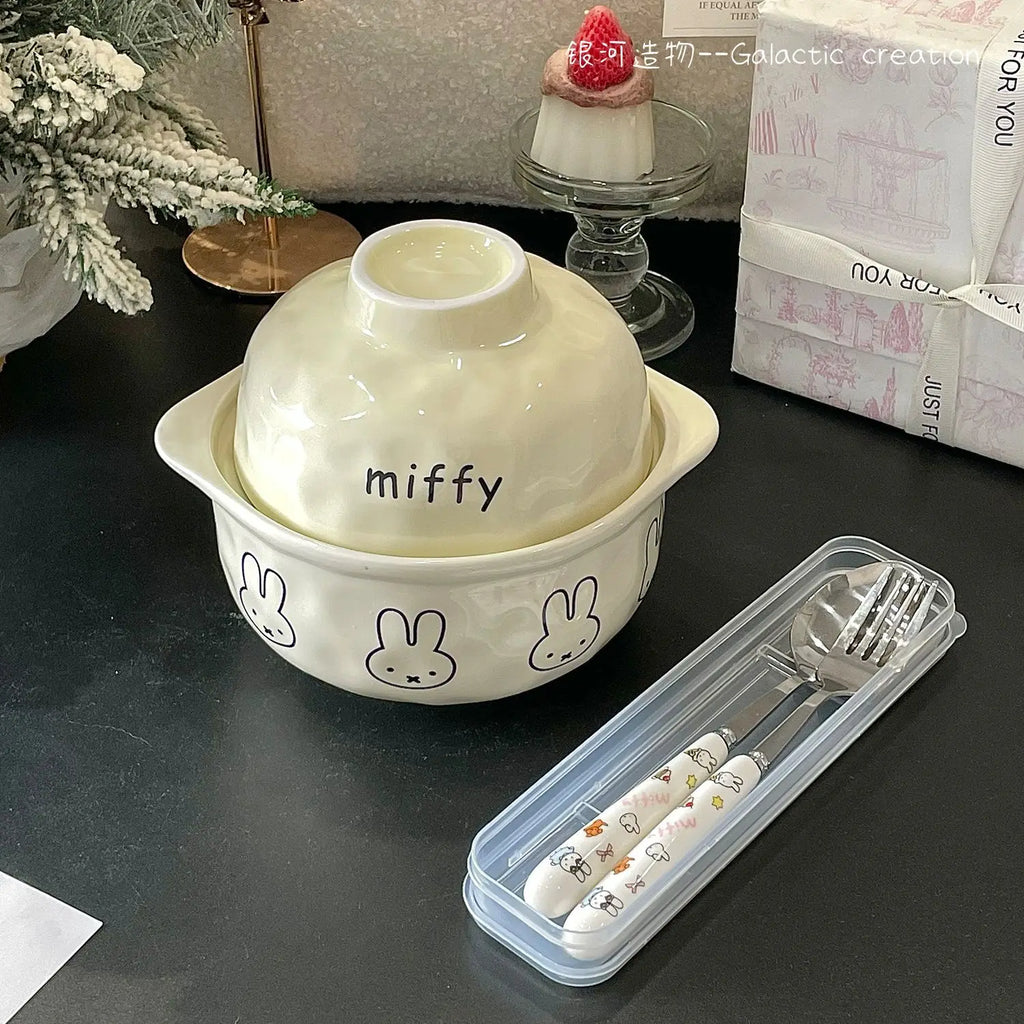 Kawaii Tableware Ceramic Rice Bowl with Lid Easy To Clean Household Use Instant Noodle Bowl Microwaveable Spoon Heating Miffy