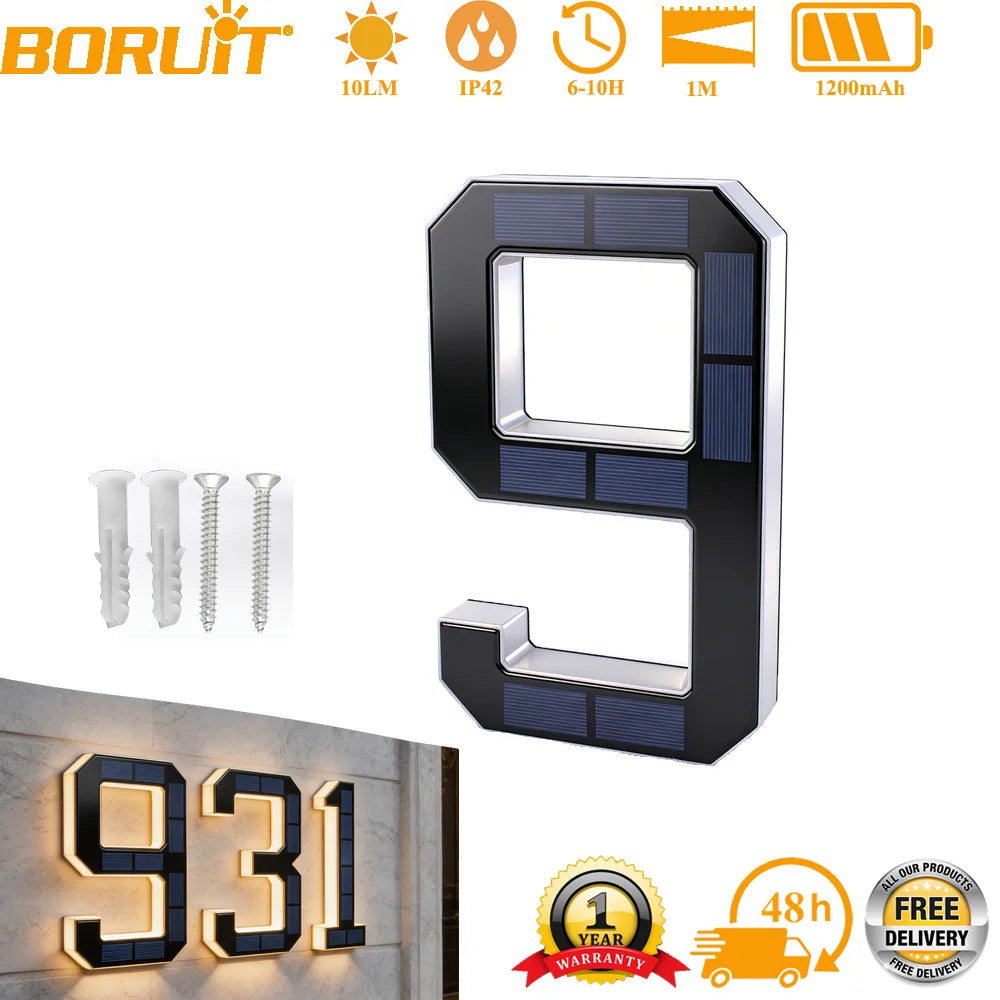 BORUiT Solar LED House Number Light Waterproof Outdoor Address Number Lamp Modern Home Garden Wall Decoration Lighting