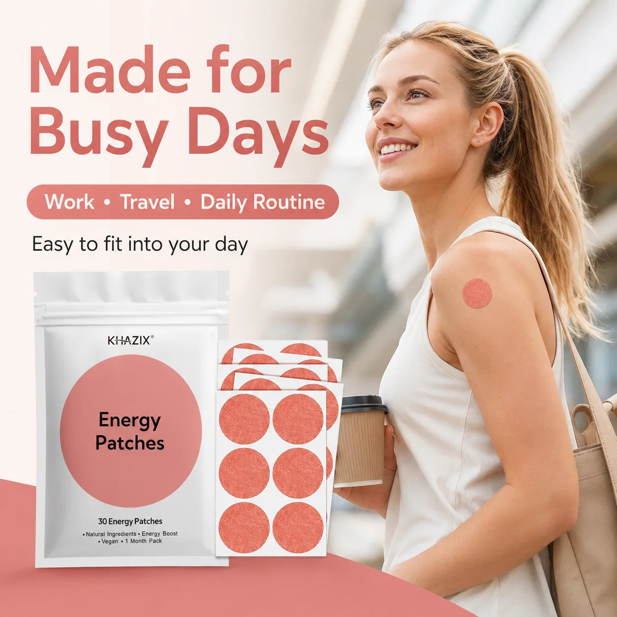 30Pcs Energy Patches Natural Ingredients Vegan Friendly Daily Energy Boost Patch Portable Body Stickers for Work Travel Sports