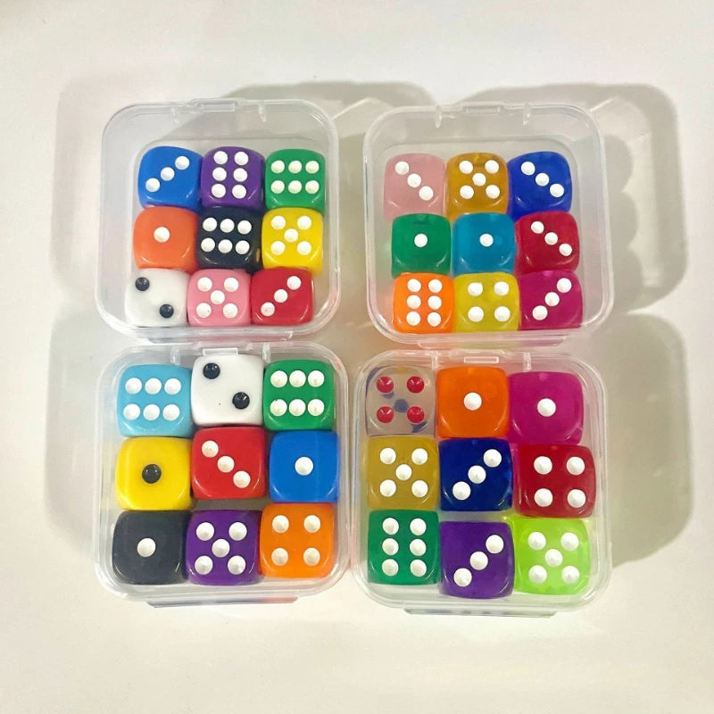 9 Pieces Transparent Color Dice with Box 6 Sided Dice for Board Games 14mm 16mm Bulk for Math Learning Dice for Classroom