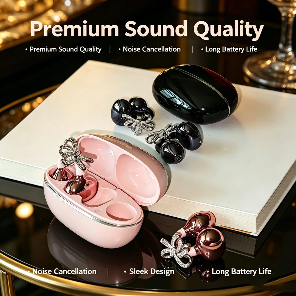 Shiny Crystal Bowknot OWS Clip Earbuds TWS Wireless Bluetooth 5.4 Low Latency Sport Headphones with Charging Case