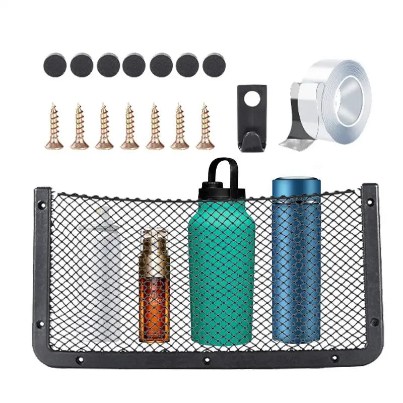 Mesh Cargo Net For Car ABS Frame Car RV Cargo Net Mesh Bag Boat Storage Pouch With Hooks Cell Phone Holder With Screws And Tape