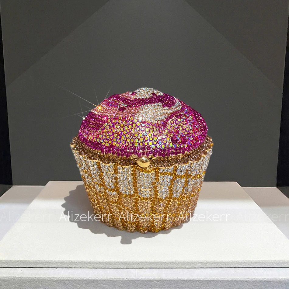 Alizekerr Cupcake Shape Rhinestone Evening Bag Women Chic Sparkly Diamond Mini Metal Clutch Purse And Handbag Wedding Party Prom