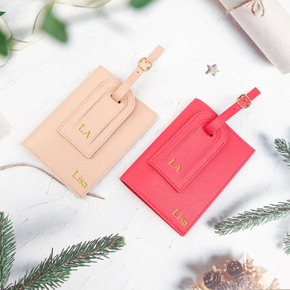 Customized letter pu leather anti-loss luggage tag + two-piece set for travel document and passport holders