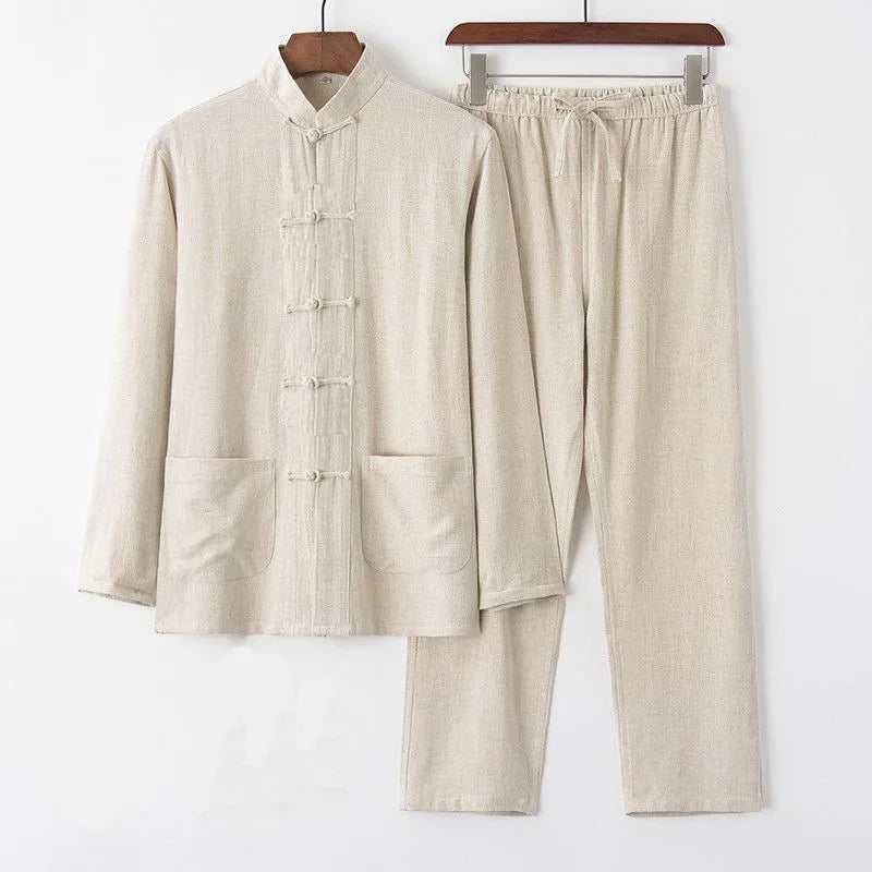 2026 New Men's Cotton Linen Tangzhuang Set Traditional Chinese Long Sleeve Suit Retro Ethnic Loose Tai Chi Clothing