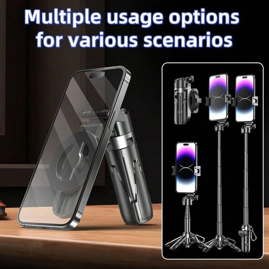 P15MiNi-C Upgraded Magnetic Model: Portable, multifunctional selfie stick, ideal for travel, live streaming, and selfies; smartphone tripod; made of aluminum alloy and ABS; 47.5 cm / 18.7 inches; 193 grams; Type-C charging wi