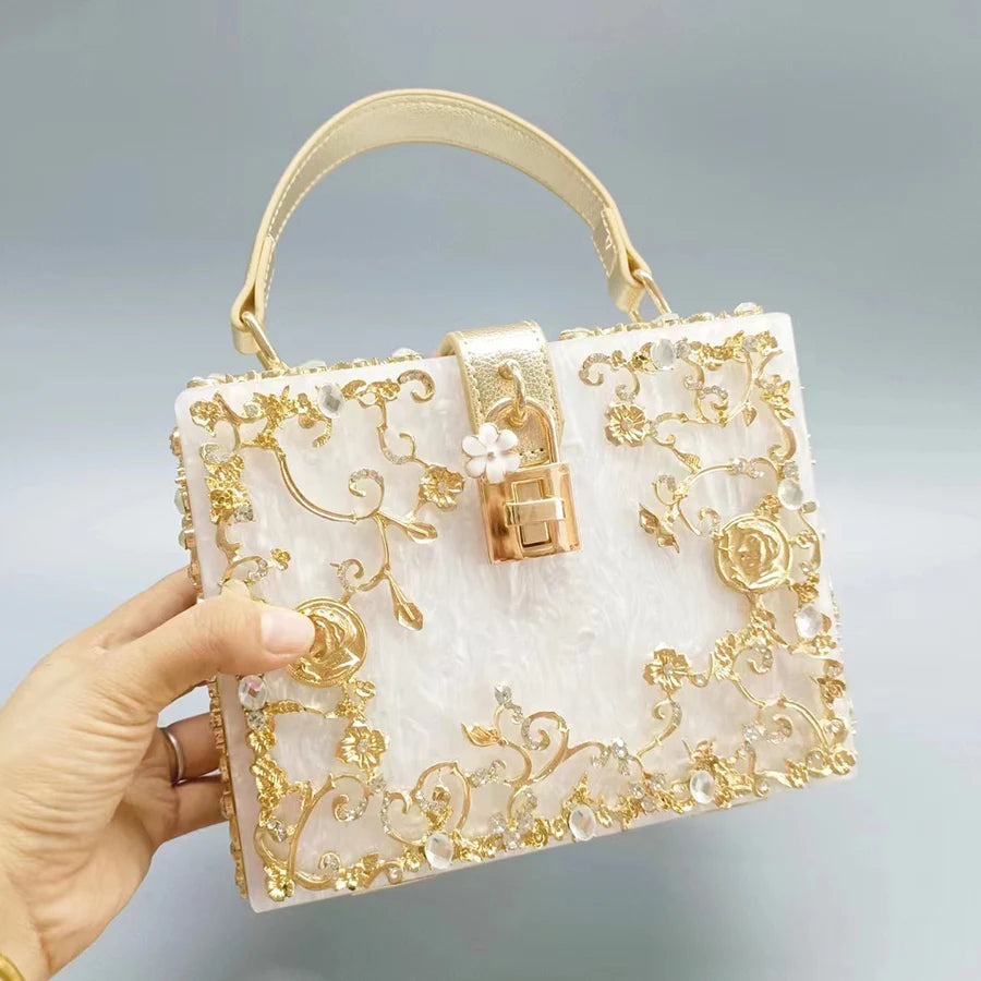 Luxury Acrylic Crystal Evening Bag Female New Hollow Out Metal Carved Flower Diamond Handbag Box Chic Shoulder Crossbody Bag Sac