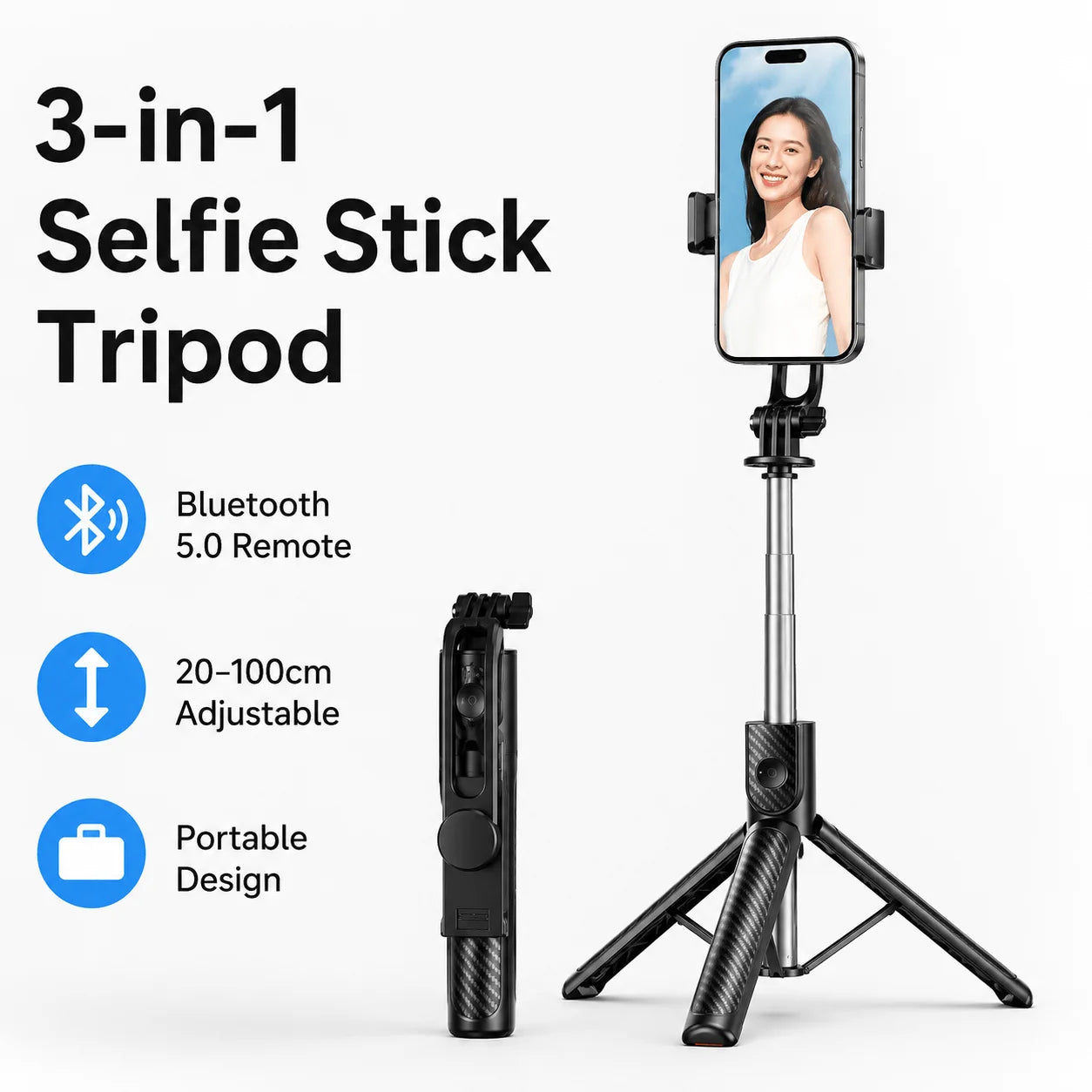 Bluetooth Selfie Stick Tripod 100cm Extendable Wireless Remote Foldable Phone Stand for Mobile Phone Travel Selfie Vlog Shooting